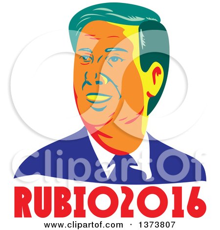Clipart of a Retro WPA Styled Portrait of Republican Presidential Nominee Marco Rubio over Text - Royalty Free Vector Illustration by patrimonio