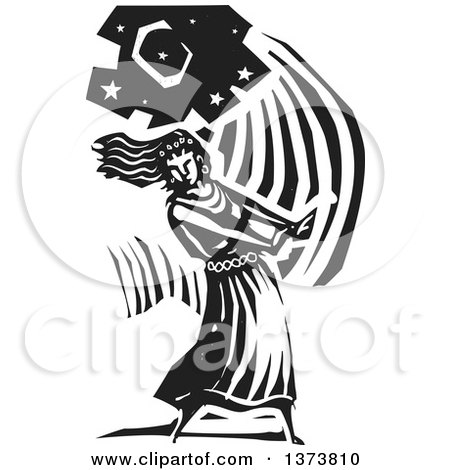 Clipart of a Black and White Woodcut Woman Dancing Under a Crescent Moon - Royalty Free Vector Illustration by xunantunich