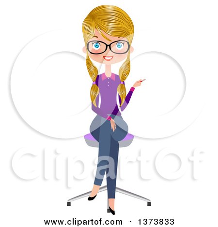Clipart of a Happy Blue Eyed, Blond White Female Office Secretary Sitting in a Chair and Pointing - Royalty Free Vector Illustration by Melisende Vector
