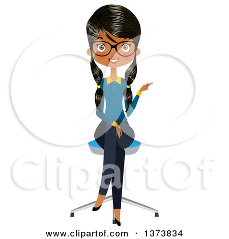 Clipart of a Happy Black Female Office Secretary Sitting in a Chair and Pointing - Royalty Free Vector Illustration by Melisende Vector