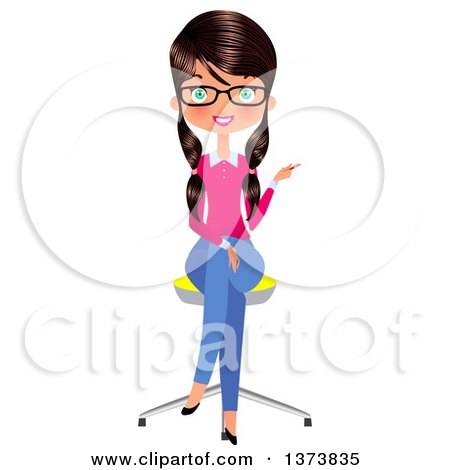 Clipart of a Happy Green Eyed, Brunette White Female Office Secretary Sitting in a Chair and Pointing - Royalty Free Vector Illustration by Melisende Vector