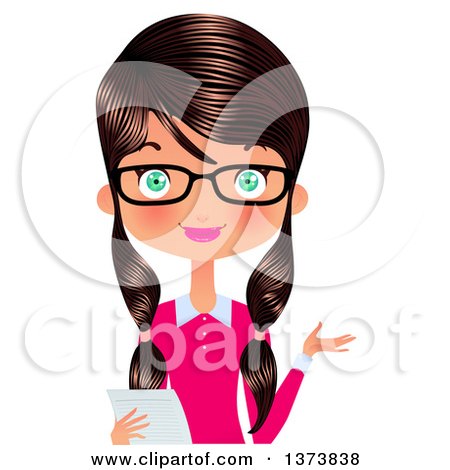 Clipart of a Happy Green Eyed, Brunette White Female Office Secretary Wearing Glasses, Presenting and Holding a Piece of Paper - Royalty Free Vector Illustration by Melisende Vector