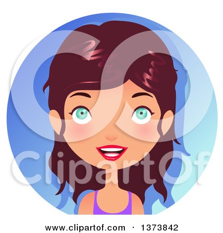 Clipart of a Green Eyed, Brunette White Girl Smiling over a Gradient Blue Circle - Royalty Free Vector Illustration by Melisende Vector