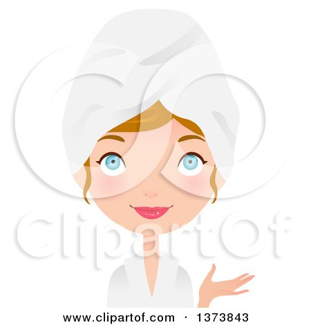 Clipart of a Blue Eyed, Blond White Girl Presenting and Wearing a Spa Robe and Towel on Her Head - Royalty Free Vector Illustration by Melisende Vector