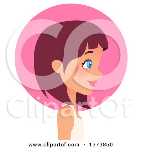 Clipart of a Beautiful Blue Eyed, Red Haired White Girl with Short Hair, Facing Right, in Profile over a Pink Circle - Royalty Free Vector Illustration by Melisende Vector