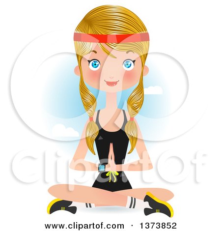 Clipart of a Blue Eyed, Blond White Athletic Woman Sitting and Doing Yoga on the Floor, Against Sky - Royalty Free Vector Illustration by Melisende Vector