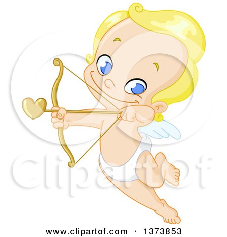 Clipart of a Grinning Blue Eyed Blond Baby Cupid Flying and Aiming an Arrow - Royalty Free Vector Illustration by yayayoyo