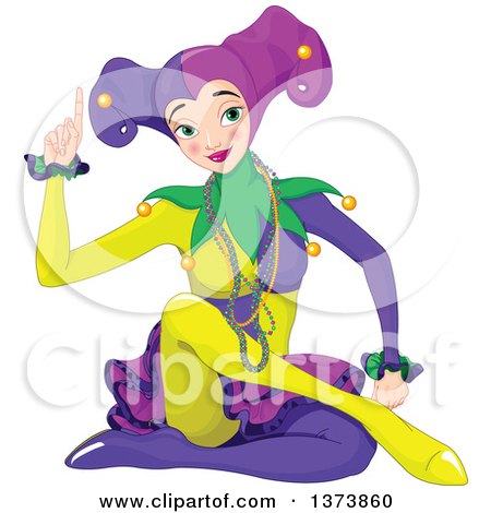 Clipart of a Mardi Gras Jester Woman Sitting and Holding up a Finger - Royalty Free Vector Illustration by Pushkin