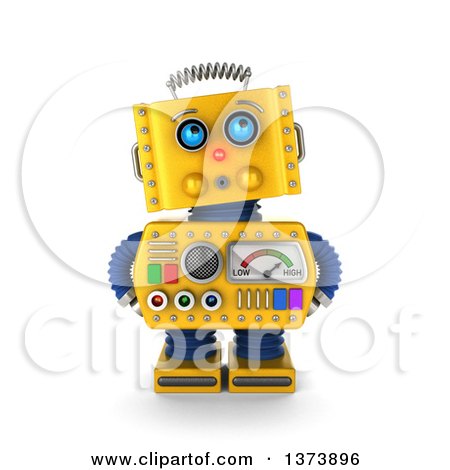 Clipart of a 3d Surprised Yellow Retro Robot Looking Innocent, on a White Background - Royalty Free Illustration by stockillustrations
