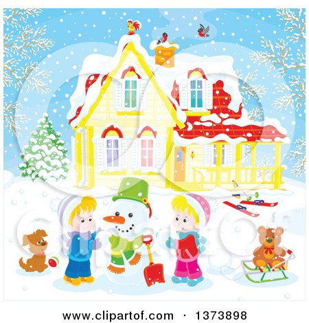 Clipart of Blond Caucasian Children Making a Snowman in the Front Yard of a Home on a Winter Day - Royalty Free Vector Illustration by Alex Bannykh