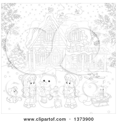Clipart of Black and White Children Making a Snowman in the Front Yard of a Home on a Winter Day - Royalty Free Vector Illustration by Alex Bannykh