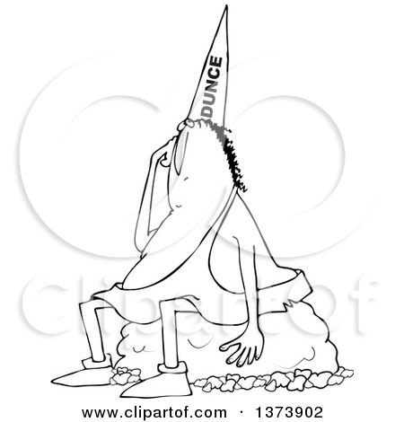 Cartoon Clipart of a Black and White Dumb Caveman Wearing a Dunce Hat and Sitting on a Boulder - Royalty Free Vector Illustration by djart