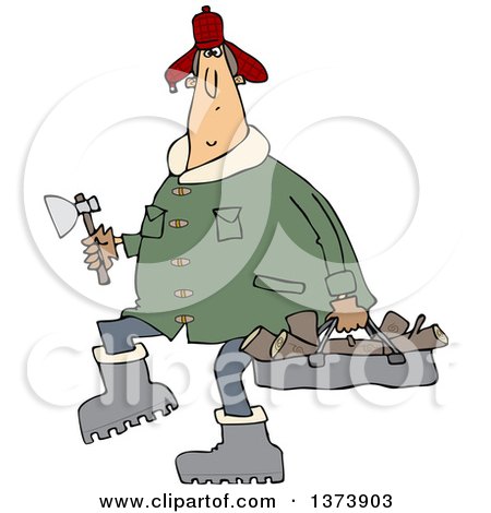 Cartoon Clipart of a Chubby White Man in a Winter Coat and Hat, Walking and Carrying Firewood and an Axe - Royalty Free Vector Illustration by djart