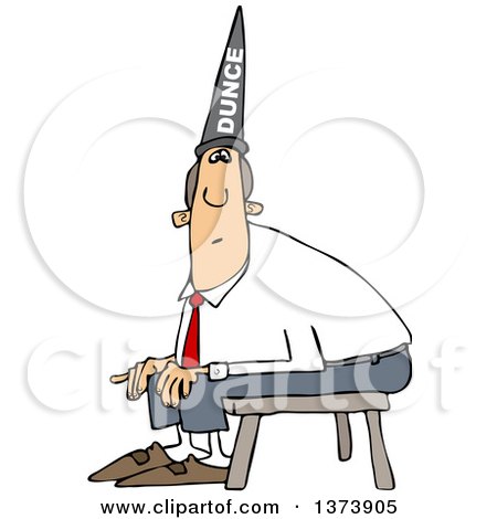 Cartoon Clipart of a Chubby White Business Man Wearing a Dunce Hat and Sitting on a Stool - Royalty Free Vector Illustration by djart