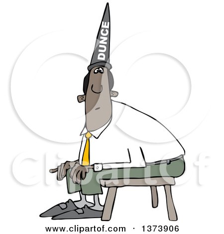 Cartoon Clipart of a Chubby Black Business Man Wearing a Dunce Hat and Sitting on a Stool - Royalty Free Vector Illustration by djart