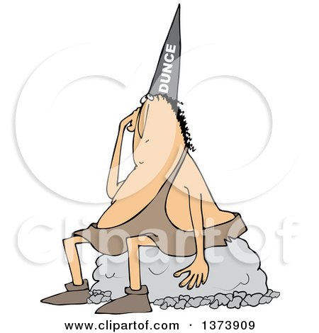Cartoon Clipart of a Dumb Caveman Wearing a Dunce Hat and Sitting on a Boulder - Royalty Free Vector Illustration by djart