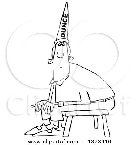 Cartoon Clipart of a Black and White Chubby Business Man Wearing a Dunce Hat and Sitting on a Stool - Royalty Free Vector Illustration by djart