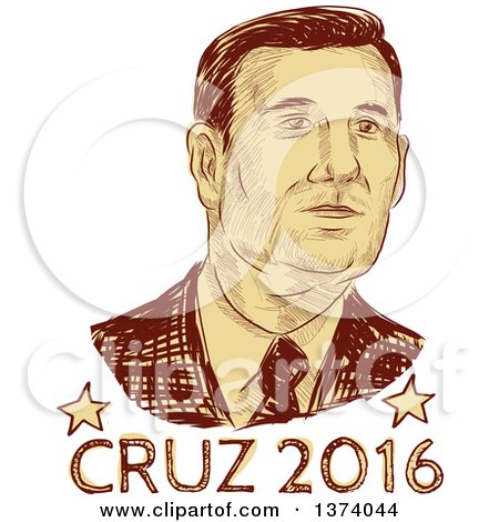 Clipart of a Retro Brown Sketched Portrait of Ted Cruz over Text - Royalty Free Vector Illustration by patrimonio