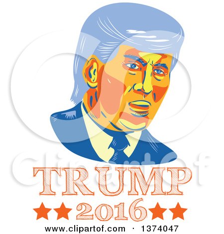 Clipart of a Retro Styled Portrait of Republican Presidential Nominee Donald Trump over Text - Royalty Free Vector Illustration by patrimonio