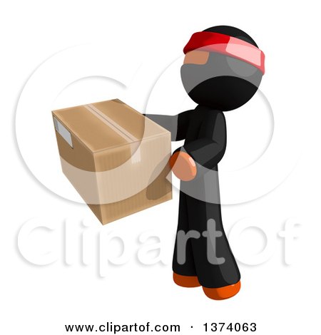 Clipart of an Orange Man Ninja Holding a Box, on a White Background - Royalty Free Illustration by Leo Blanchette