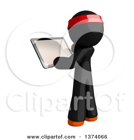 Clipart of an Orange Man Ninja Using a Tablet Computer, on a White Background - Royalty Free Illustration by Leo Blanchette