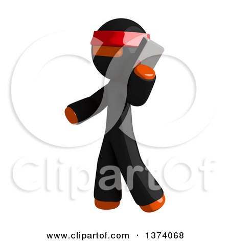 Clipart of an Orange Man Ninja Talking on a Smart Phone, on a White Background - Royalty Free Illustration by Leo Blanchette