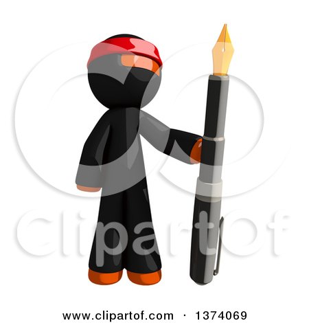 Clipart of an Orange Man Ninja Holding a Fountain Pen, on a White Background - Royalty Free Illustration by Leo Blanchette
