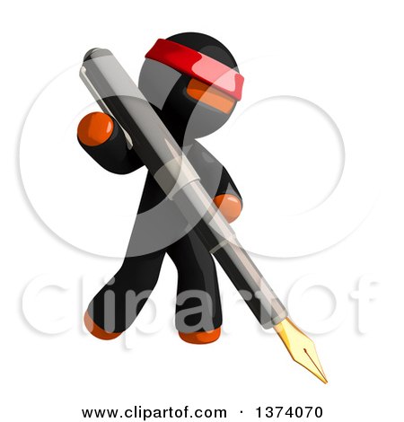 Clipart of an Orange Man Ninja Writing with a Fountain Pen, on a White Background - Royalty Free Illustration by Leo Blanchette