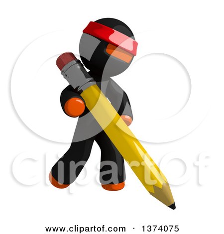 Clipart of an Orange Man Ninja Using a Pencil, on a White Background - Royalty Free Illustration by Leo Blanchette