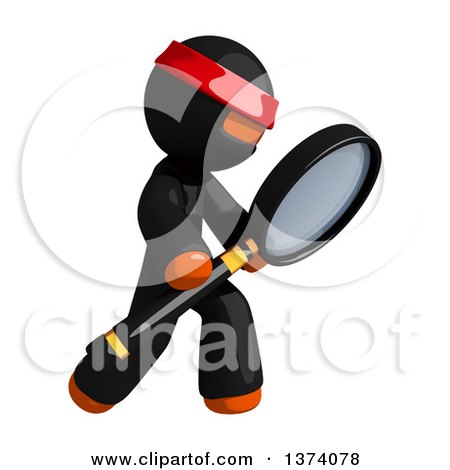Clipart of an Orange Man Ninja Searching with a Magnifying Glass, on a White Background - Royalty Free Illustration by Leo Blanchette
