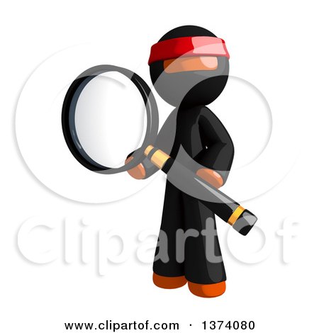 Clipart of an Orange Man Ninja Searching with a Magnifying Glass, on a White Background - Royalty Free Illustration by Leo Blanchette