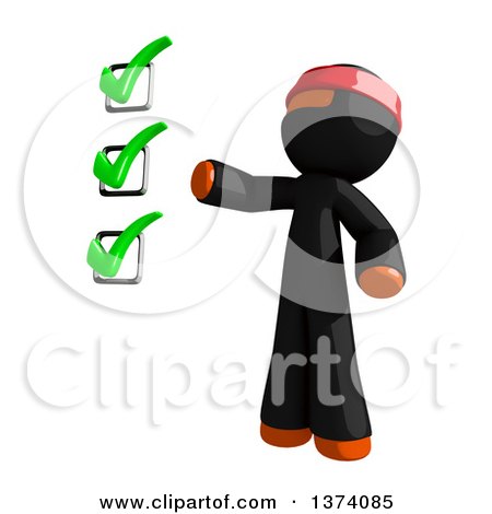Clipart of an Orange Man Ninja Presenting a Check List, on a White Background - Royalty Free Illustration by Leo Blanchette
