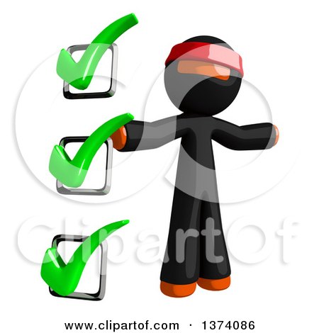 Clipart of an Orange Man Ninja by a Check List, on a White Background - Royalty Free Illustration by Leo Blanchette