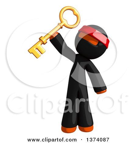Clipart of an Orange Man Ninja Holding up a Key, on a White Background - Royalty Free Illustration by Leo Blanchette
