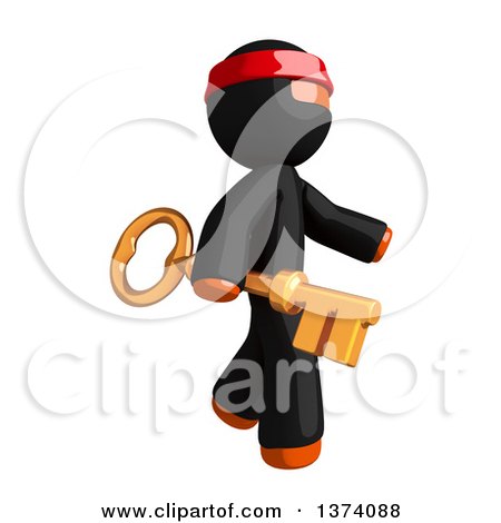 Clipart of an Orange Man Ninja Carrying a Key, on a White Background - Royalty Free Illustration by Leo Blanchette