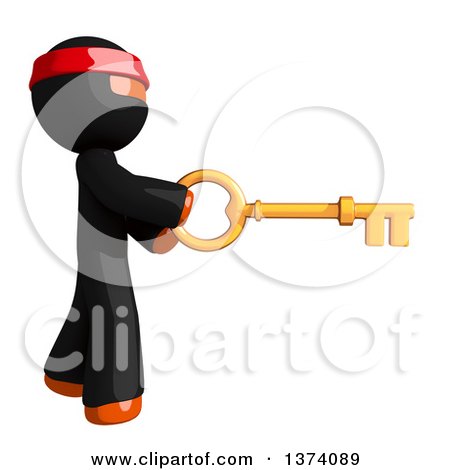 Clipart of an Orange Man Ninja Using a Key, on a White Background - Royalty Free Illustration by Leo Blanchette