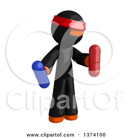 Clipart of an Orange Man Ninja Holding Blue and Red Pill Capsules, on a White Background - Royalty Free Illustration by Leo Blanchette