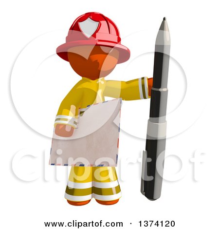 Clipart of an Orange Man Firefighter Holding an Envelope and Pen, on a White Background - Royalty Free Illustration by Leo Blanchette
