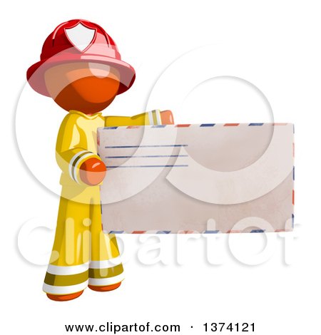 Clipart of an Orange Man Firefighter Holding an Envelope, on a White Background - Royalty Free Illustration by Leo Blanchette