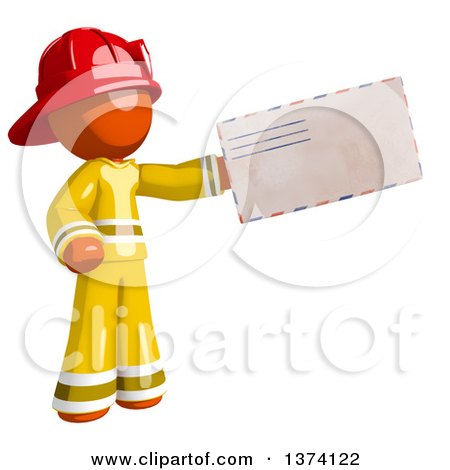 Clipart of an Orange Man Firefighter Holding an Envelope, on a White Background - Royalty Free Illustration by Leo Blanchette