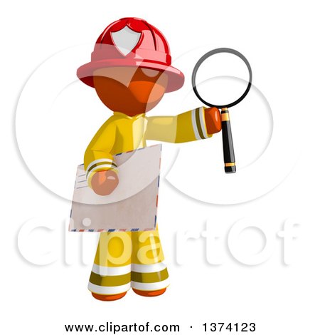Clipart of an Orange Man Firefighter Holding an Envelope and Magnifying Glass, on a White Background - Royalty Free Illustration by Leo Blanchette
