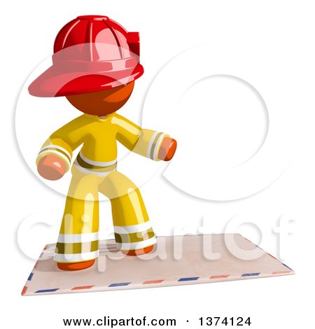 Clipart of an Orange Man Firefighter Surfing on an Envelope, on a White Background - Royalty Free Illustration by Leo Blanchette
