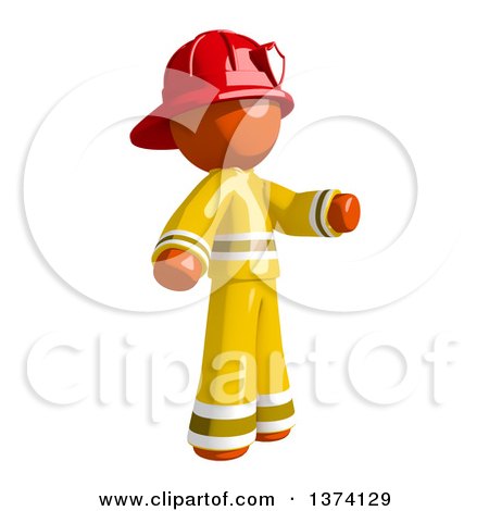 Clipart of an Orange Man Firefighter Presenting to the Right, on a White Background - Royalty Free Illustration by Leo Blanchette