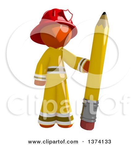 Clipart of an Orange Man Firefighter Holding a Pencil, on a White Background - Royalty Free Illustration by Leo Blanchette