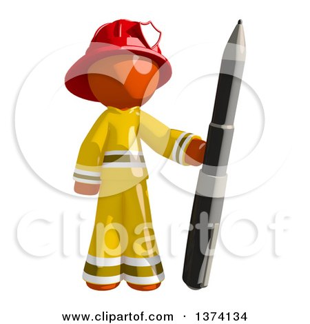 Clipart of an Orange Man Firefighter Holding a Pen, on a White Background - Royalty Free Illustration by Leo Blanchette