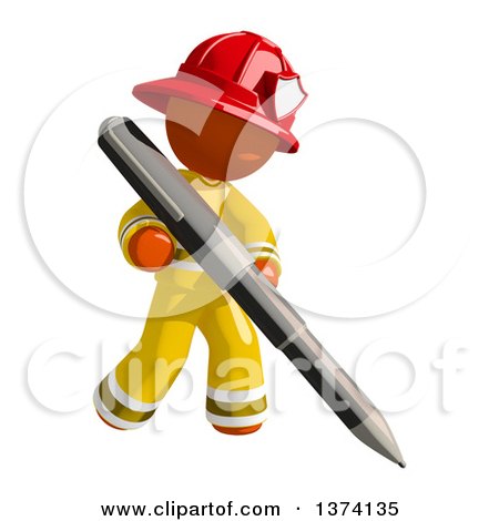 Clipart of an Orange Man Firefighter Writing with a Pen, on a White Background - Royalty Free Illustration by Leo Blanchette