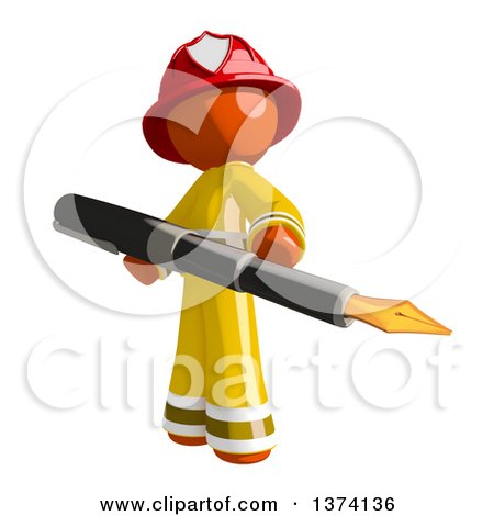 Clipart of an Orange Man Firefighter Holding a Fountain Pen, on a White Background - Royalty Free Illustration by Leo Blanchette
