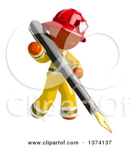 Clipart of an Orange Man Firefighter Writing with a Fountain Pen, on a White Background - Royalty Free Illustration by Leo Blanchette