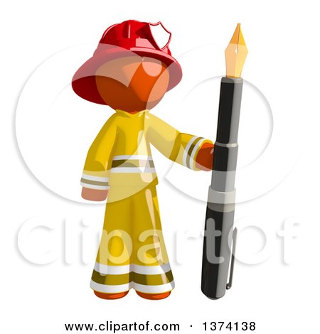 Clipart of an Orange Man Firefighter Holding a Fountain Pen, on a White Background - Royalty Free Illustration by Leo Blanchette