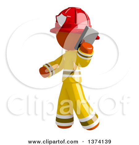Clipart of an Orange Man Firefighter Talking on a Smart Phone, on a White Background - Royalty Free Illustration by Leo Blanchette